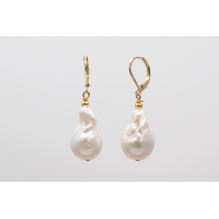White baroque freshwater pearl drop earrings with 14k gold-filled leverbacks