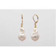 White baroque freshwater pearl drop earrings with 14k gold-filled leverbacks