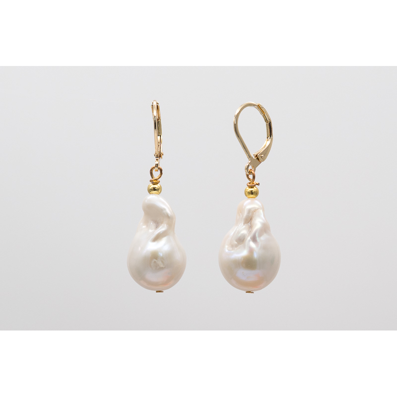 White baroque freshwater pearl earrings with gold-filled leverbacks