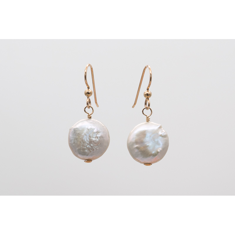 Silver-tone coin freshwater pearl earrings with gold-filled hooks