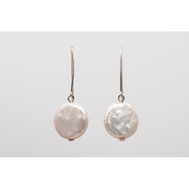 White coin freshwater pearl earrings with silver hooks