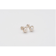 White AAA freshwater pearl studs with 925 silver bezel setting