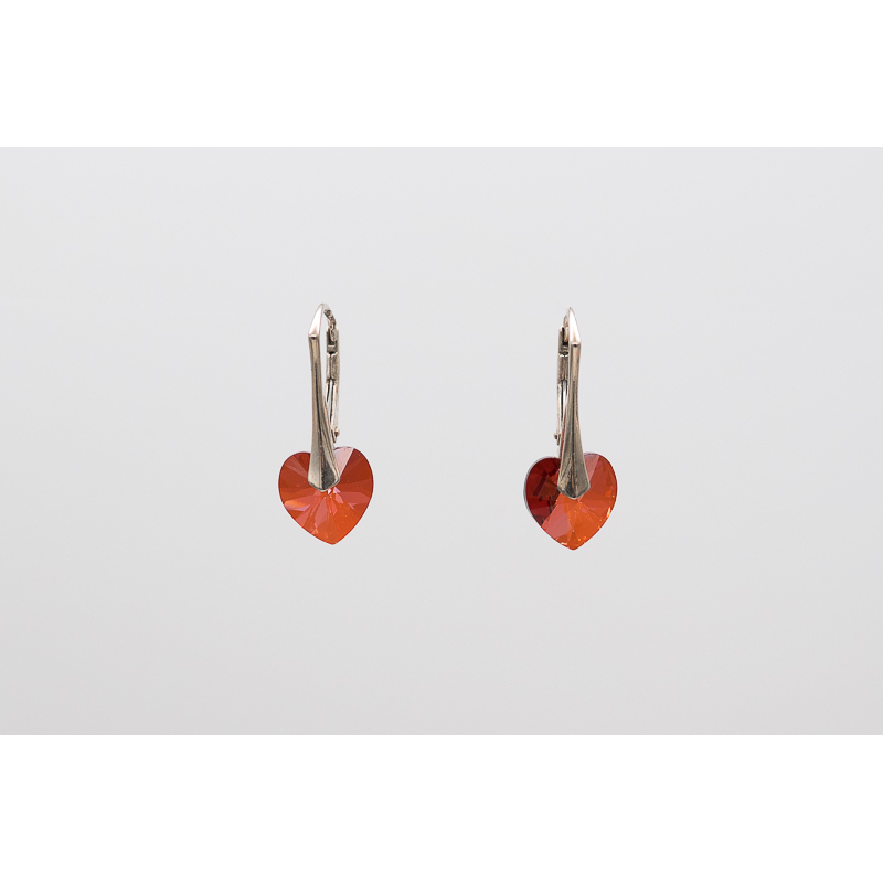 Brick-red Swarovski heart crystal earrings with silver lever-back hooks