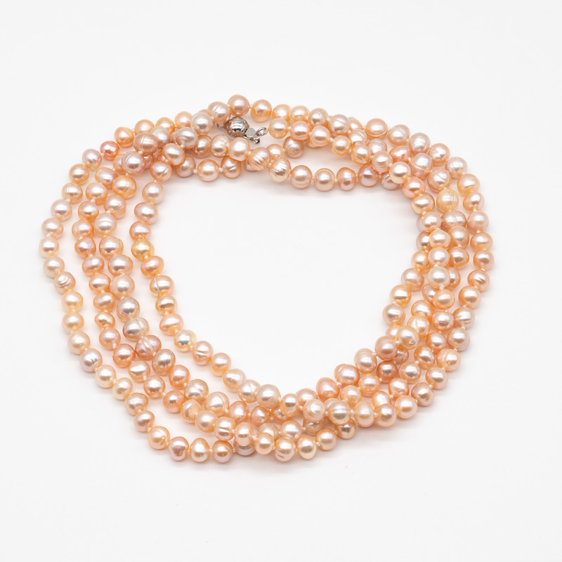 Apricot-tone freshwater pearl necklace with clasp, 130 cm