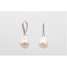 White baroque freshwater pearl earrings with 925 sterling silver and zircon lever-back closure