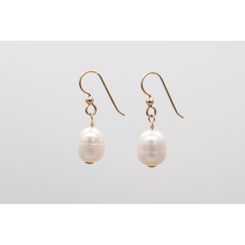 White oval freshwater pearl earrings with gold-filled hooks