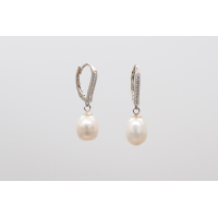 White oval freshwater pearl earrings with silver leverbacks