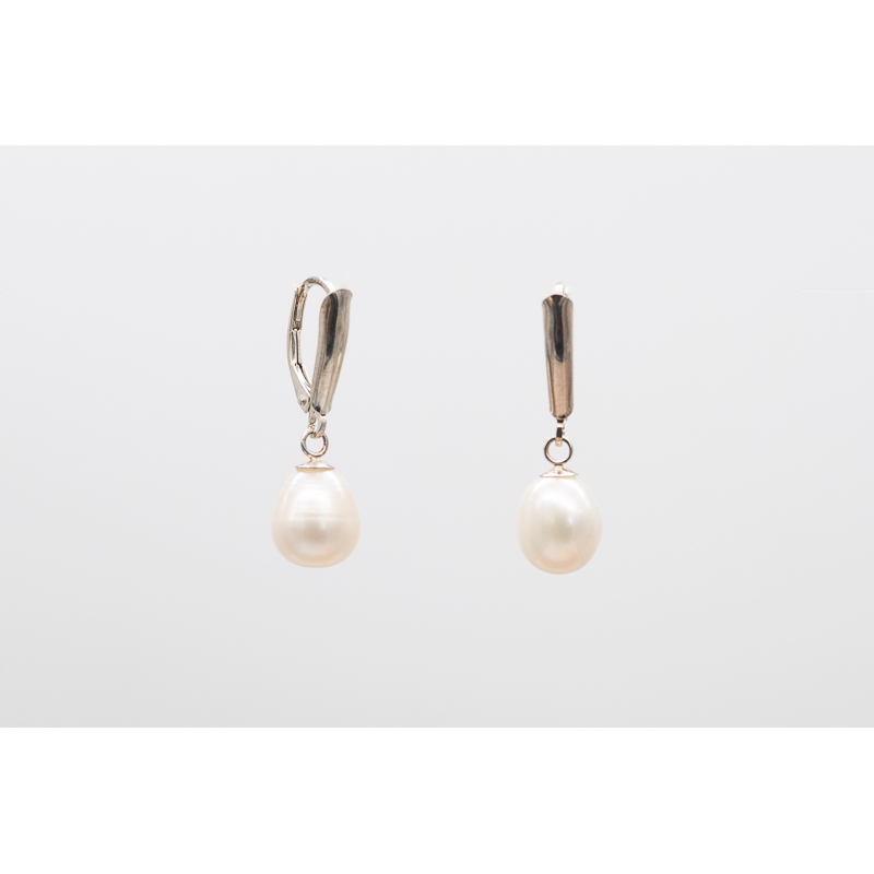 White teardrop freshwater pearl earrings with lever-back closure